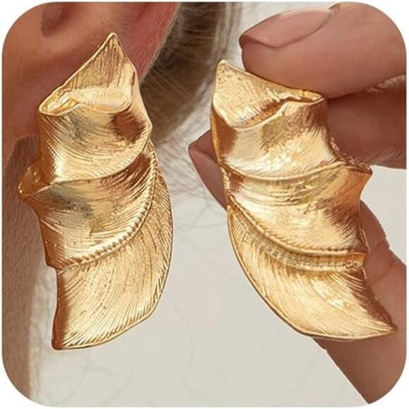 Trendy Gold & Silver Wavy Pleated Stud Earrings – Irregular Geometric - Picture 6 of 6